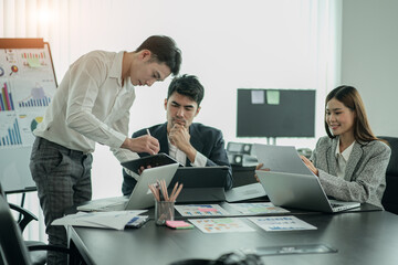 Engineer people meeting working and pointing at the office construction concept