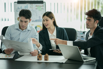 Engineer people meeting working and pointing at the office construction concept