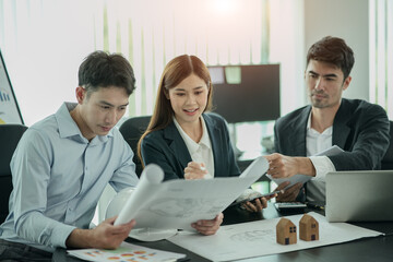 Engineer people meeting working and pointing at the office construction concept