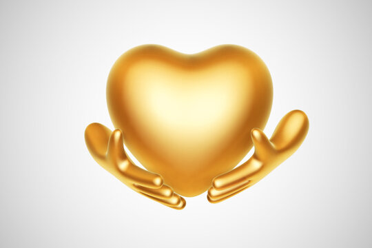 3D golden cartoon human hands holding golden heart on light background. Abstract concept of love, charity and healthcare. Two cartoon style funny open man palms showing heart. Vector illustration.