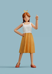 3d character, A woman pointing finger at empty space Acting like a crush on Idea, Number One. Full body pose. 3D rendering