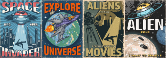 Space adventure set posters colorful