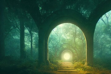 The path through the charming fabulous view of the dense forest is a fantastic green road.  3d render, Raster illustration.