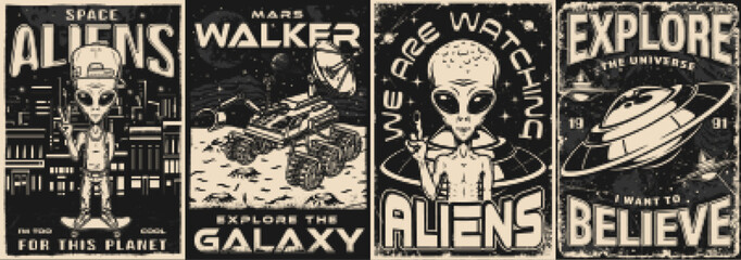 Space alien set posters monochrome