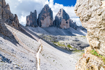 Three peaks of the Drei Zinnen (Tre Cime di Lavaredo) in the Dolomite Alps in northern Italy seen...