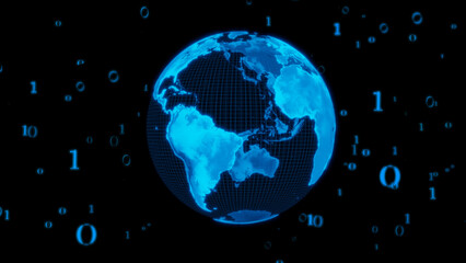3D Rendering of digital hologram planet earth around with coding for advertising or news. Global Communication network connection. big data, machine learning.