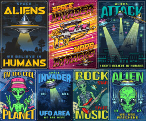 Aliens set vintage colorful posters © DGIM studio