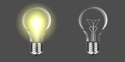 Realistic light bulbs glowing and not glowing on isolated background, vector illustration