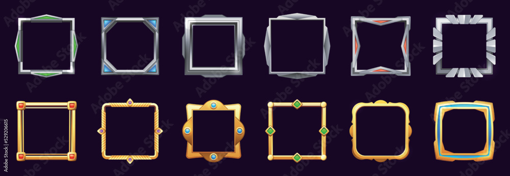 Poster game ui square frame. empty border game asset items, cartoon stylized sprite graphic elements, gui i