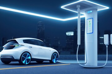 Raster illustration of the car is refueled at a gas station. Electric car, electricity, green energy, voltage, cyberpunk, modern car, neon glow, technology. Automobile concept. 3d rendering artwork