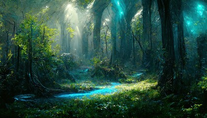 Fototapeta Raster illustration of beautiful fairy forest, with magical lights. Cartoon, mysticism, magical realism, wild nature, science fiction, a river shining with neon colors, a streamlet. 3d artwork obraz