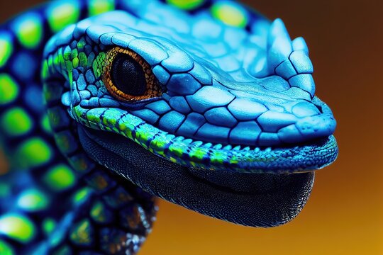 Raster illustration of Blue viper with a orangebackground, viper snake is ready to attack, islet blue snake, close up animal. Tropical animal, snake, iguana, lizard. Nature concept. 3D render