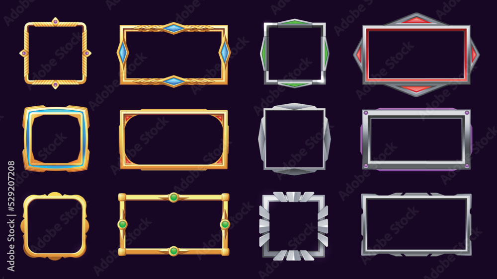 Poster game metal frame. golden silver bronze ui rpg buttons, fancy empty border user interface sprite grap