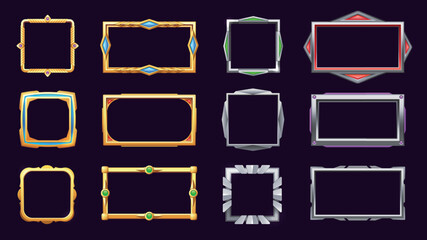 Game metal frame. Golden silver bronze UI RPG buttons, fancy empty border user interface sprite graphic, web mobile game asset items. Vector isolated set © Tartila