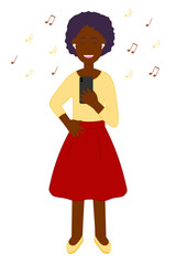  Happy smiling trendy black girl in wireless headphones holds a smartphone in his hand and other hand on his belt and listens to music with pleasure. Modern lifestyle