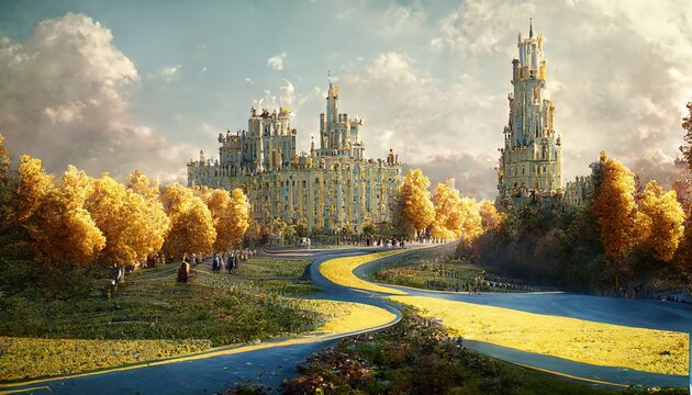Raster illustration of a river that leads to a beautifully huge castle, a palace. Royal chambers among the wild autumn nature, ancient times, yellow trees, temple. 3d rendering artwork