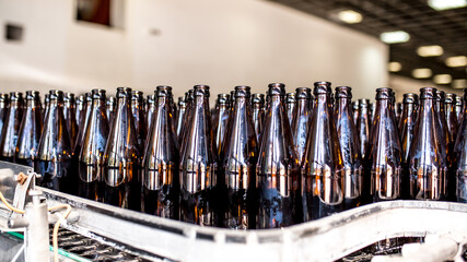Brewery factory spilling beer into glass bottles on conveyor lines. Industrial work, automated...