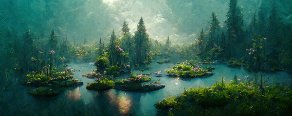 landscape of forest lake in fantasy style with emerald water - obrazy, fototapety, plakaty