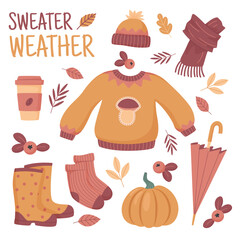 Set of colorful elements for cozy autumn design. Vector illustration of pumpkin, umbrella, sweater, hat, knitted socks, rubber boots, autumn leaves.