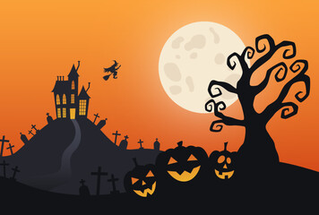 Halloween landscape with spooky pumpkins, dead tree, cemetery, haunted house and witch on a broomstick in moonlight on orange background. Vector illustration