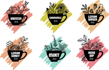 The labels of herbal tea for packaging. Icons herbal tea. - obrazy, fototapety, plakaty