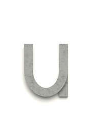 Small letter u made of several separate cement pieces lying on top of each other with 3D effect and shadows on white background, 3d rendering