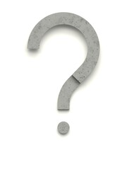 Question mark made of several separate cement pieces lying on top of each other with 3D effect and shadows on white background, 3d rendering