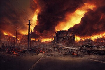 A post-apocalyptic ruined city. Destroyed buildings, burnt-out vehicles and ruined roads. Buildings on fire, smoke, smog, dust and fires. 3D rendering
