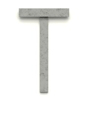 Letter T made of several separate cement pieces lying on top of each other with 3D effect and shadows on white background, 3d rendering