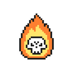 Skull on fire Halloween icon in pixel art design isolated on white background, vector sign symbol.