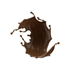 3d render, chocolate splash, cacao drink or coffee, splashing cooking ingredient. Brown beverage. Abstract wavy liquid clip art isolated on transparent background
