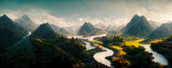 Keuken spatwand met foto landschap van een schitterende vallei met bergen en heuvels en rivieren tussen uiterwaarden © Ivan Traimak