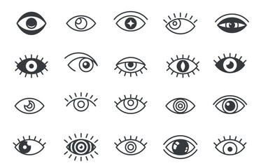 Open eyes symbols. Outline human eye optic icons, eyeball eyelashes linear signs, vision health ophthalmology concept. Vector isolated set