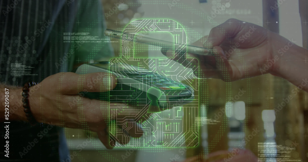 Poster image of network security padlock over people using payment terminal
