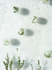 Wet off white water background with melting balls of ice with frozen herbs. Rosemary, oregano and...