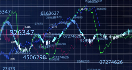Multiple numbers changing over financial data processing against blue background