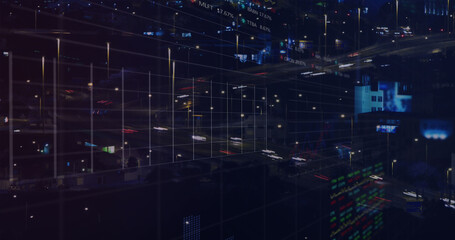 Image of financial data processing over cityscape