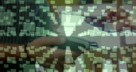 Image of network security padlock over people using payment terminal