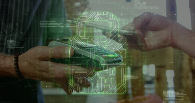 Image of network security padlock over people using payment terminal - Powered by Adobe