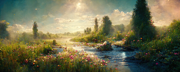 Magical landscape of a fairytale forest with a river along the banks of which flowers grow - obrazy, fototapety, plakaty