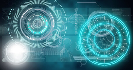 Image of scope scanning and dna medical data processing over digital screen