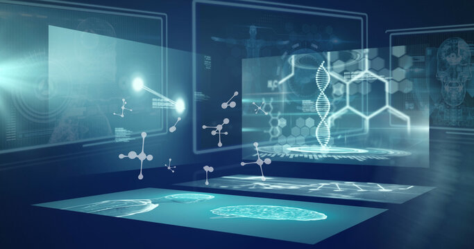 Image of molecules and data processing over digital screens