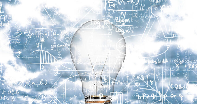 Image of light bulb with scientific formulae and data processing