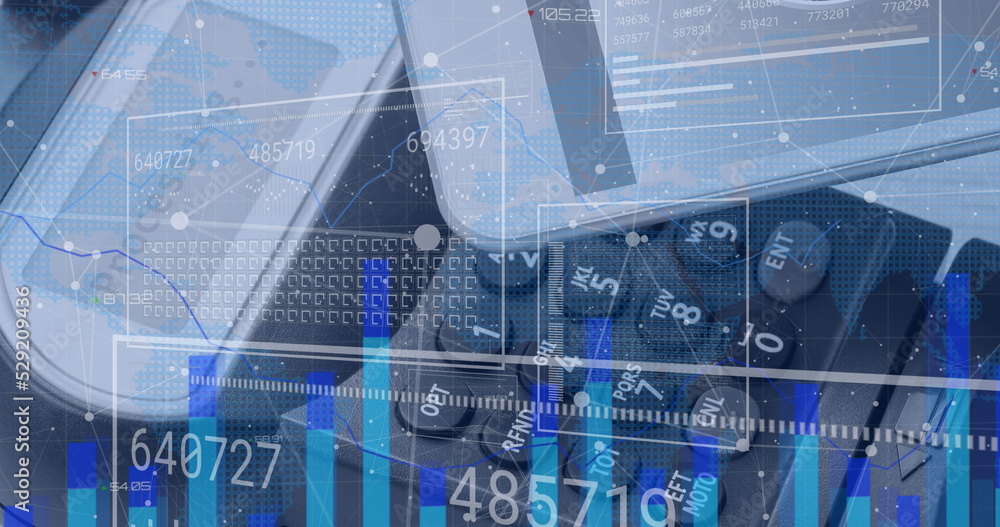 Poster image of financial data, graphs processing on digital interface against credit card reader