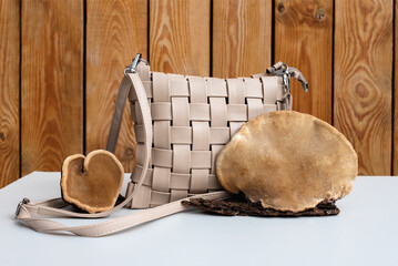 Fototapeta na wymiar Concept of Mushroom leather - woman handbag and brown tree mushrooms. Sustainable textile made from mushrooms mycelium, zero waste lifestyle, eco vegan skin, bio based alternative to leather