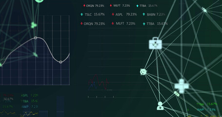Globe of medical icons spinning against stock market data processing against black background