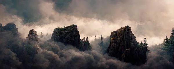 Keuken spatwand met foto hooglandlandschap met mist en mystieke bergtoppen © Ivan Traimak