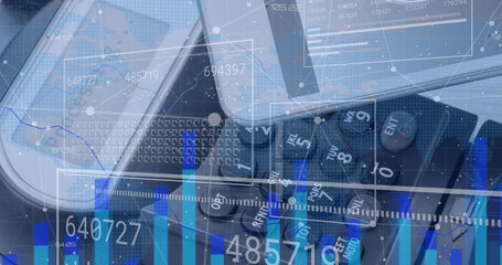 Image of financial data, graphs processing on digital interface against credit card reader