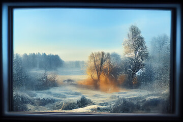 Snowy winter landscape seen from a window