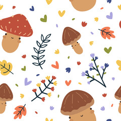 seamless vector colorful autumn pattern with leaves, mushrooms, flowers